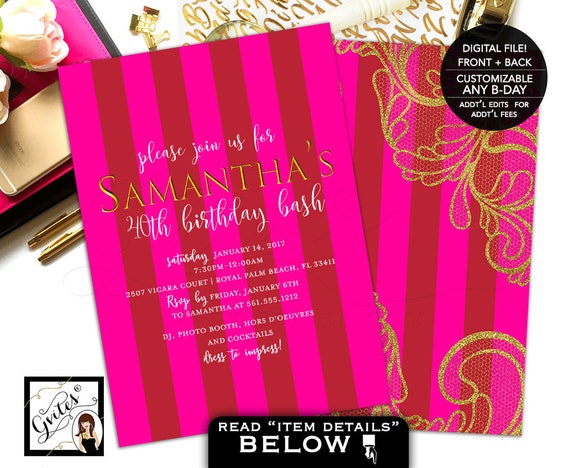 Pink and Gold Birthday Printable Invitations | Stripes/ Modern/ Hot Pink/ Red Theme/ Gold Lace/ DIY JPG + PDF