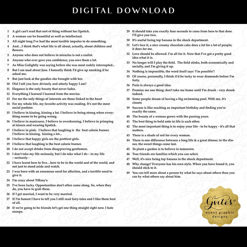 May include: A digital download graphic featuring a numbered list of 49 quotes in black text on a white background. The list includes famous sayings about life, love, and happiness. A gold textured badge with the text Gvites event graphic designs is visible.