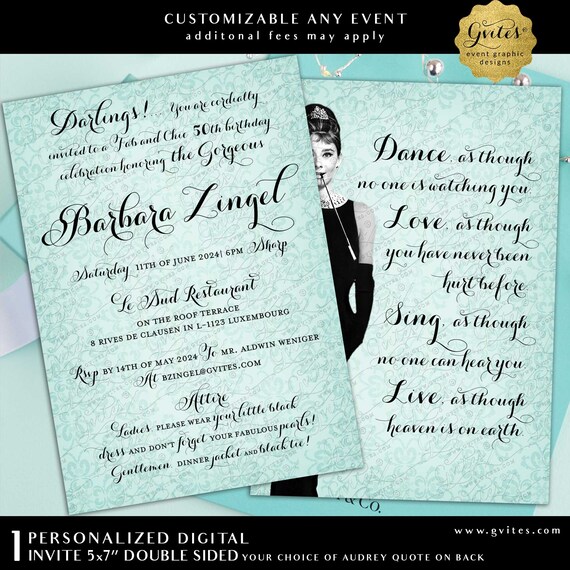 Audrey Hepburn 50th Birthday Invitation with Quote | Digital File JPG + PDF Front + Back 5x7" Double Sided