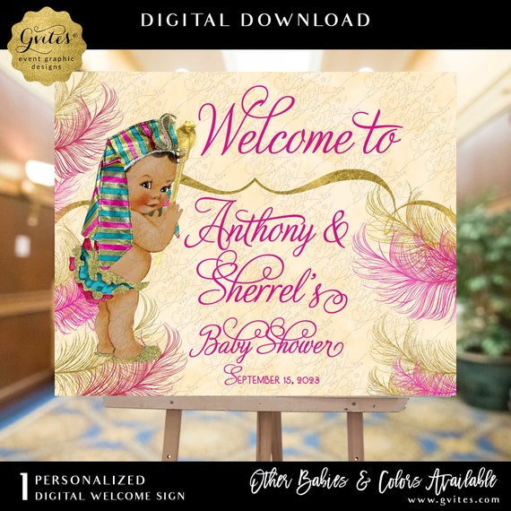 Welcome Sign Egyptian Baby Shower Printable Sign Pharaoh Pink & Gold Ethnic | Digital File JPG + PDF | 20x16"
