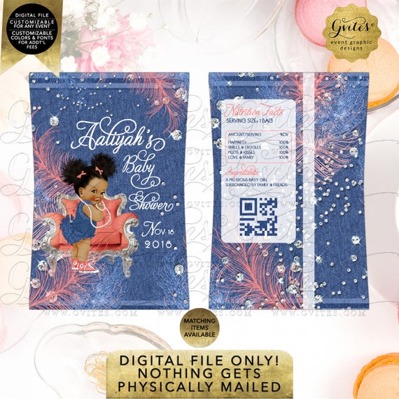 Denim and Diamonds Chip Bag For Baby Shower Favors Soft Little Curls Coral, Afro Puffs Curly Vintage African American Girl.