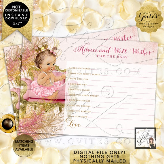 Advice Well Wishes For Baby Blush Pink Gold/ Light Brunette Vintage Girl Gold Crown White Pearls Pink Tutu/ Instant Download JPG & PDF