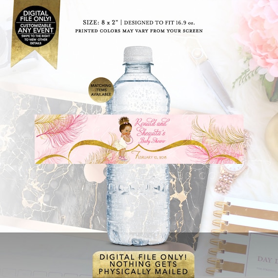 Pink Gold Water Labels | Baby Shower Party Favors Vintage | Printable Digital File | JPG + PDF | 8x2" 5 Per Sheet | Design: TIACE-104 Il_570xn