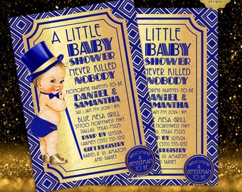 Royal Blue & Gold Boy Gatsby Baby Shower Invitation | Vintage/1920s themed 5x7"