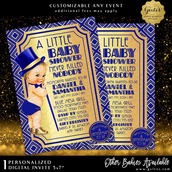Royal Blue & Gold Boy Gatsby Baby Shower Invitation | Vintage/1920s themed 5x7"