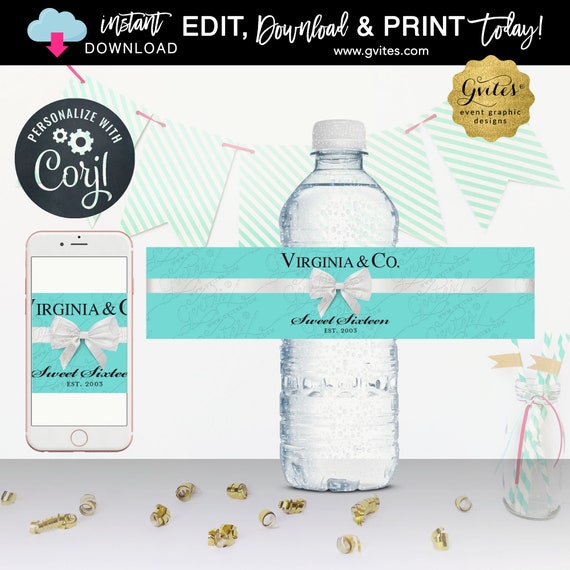 Sweet 16 Birthday Water Bottle Labels Co Stickers breakfast at blue. INSTANT Download {Edit Yourself & Print Today with Corjl}