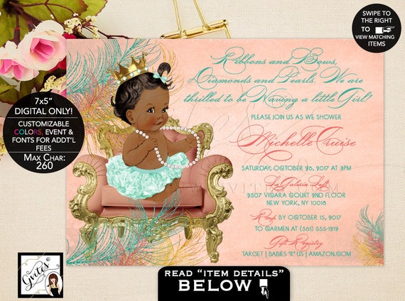 Mint Gold Coral Princess Baby Shower/ Printable Invitation/ African American Sitting Baby on Chair/ Ribbons Bows Diamonds Pearls Theme