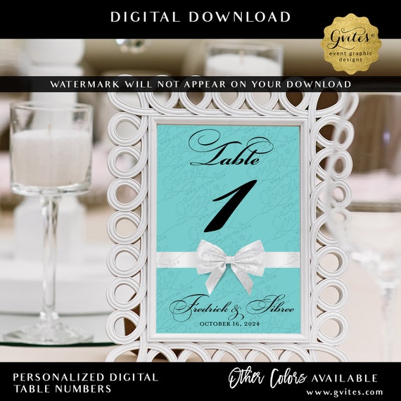 Wedding Table Numbers 1-10 Personalized | Blue White Bow Classic Theme | 5x7" Digital File JPG + PDF