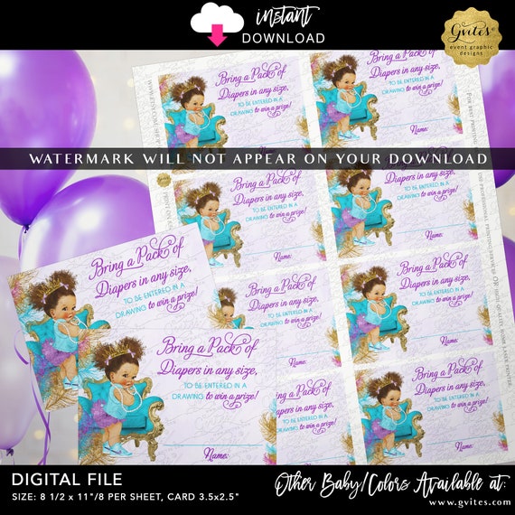Printable Diaper Raffle Tickets Sparkly Feathers Turquoise Purple Lavender & Gold Afro Puffs Princess