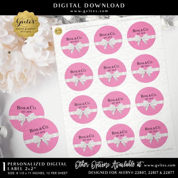 Personalized Name & Co Round Labels. Peony Pink White Ribbon Bow Party Favors. Cupcake Toppers Printables JPG PDF 2x2"/ 12 Per Sheet