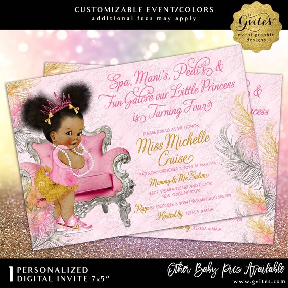 Pink Gold & Silver Baby 1st / 4th Birthday Invitation | Afro Puffs Princess Printable 7x5"