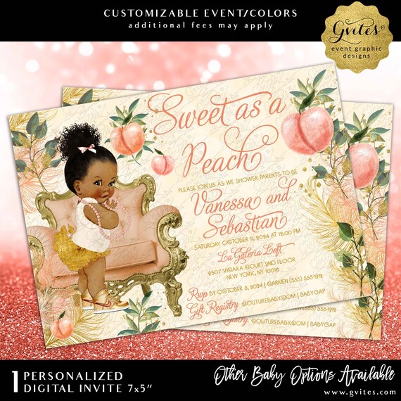 Gold Ivory and Peach Watercolor Feathers Baby Shower Printable Invitation 7x5"