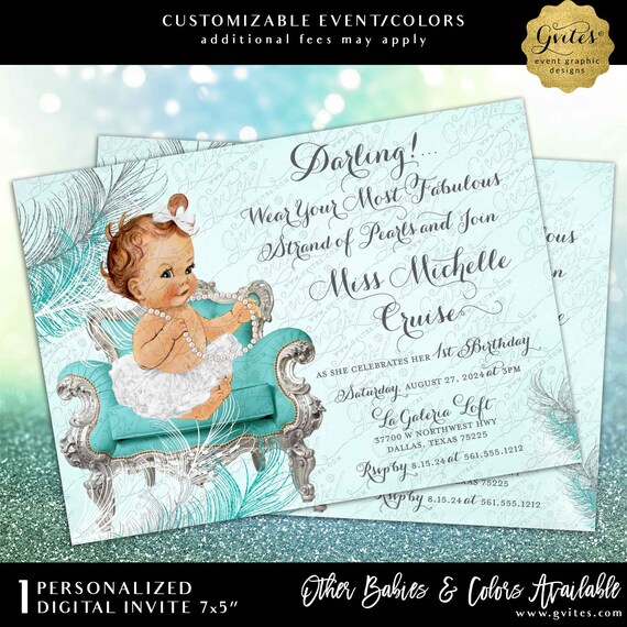 First Birthday Invitation Girl | Wear your most fabulous strand of pearls | Gray Turquoise blue silver white pearls bows ribbons tutus 7x5"