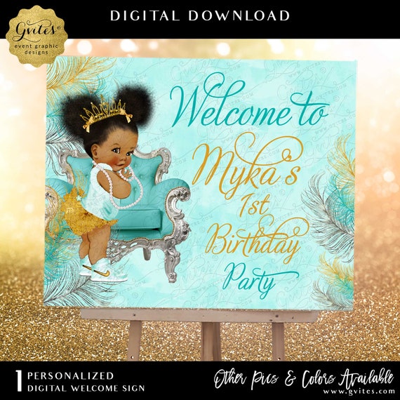 Welcome 1st Birthday Poster Sign | Sparkly Feathers Turquoise Blue & Lava Gold and Silver Afro Puffs Princess Printable/Digital