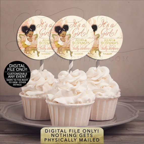 Cupcake Toppers Peach Blush & Gold Baby Shower | Afro Puffs It's a Girl/ Personalized 2.25x2.25" {RAPCH-119}