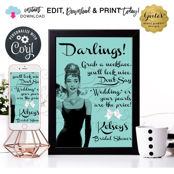 Bridal Shower Pearl Necklace Game Sign - Audrey Hepburn PERSONALIZED Don't Say Wedding. 8x10" INSTANT DOWNLOAD. Edit With Corjl Il_570xn