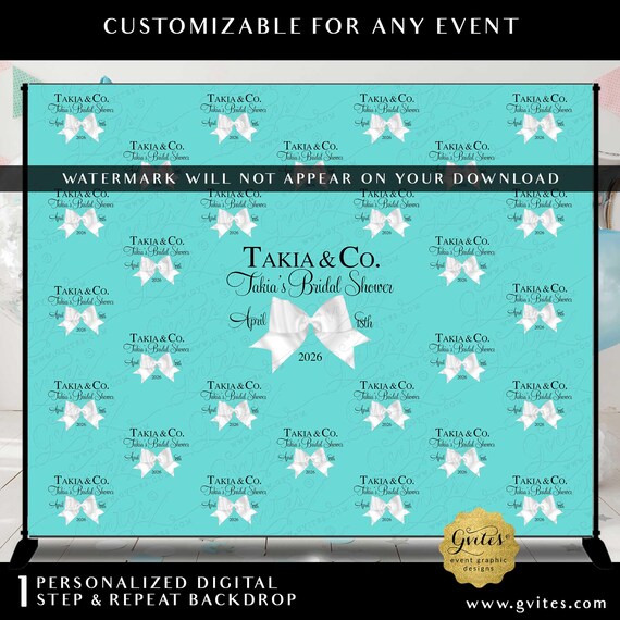 Step and Repeat Backdrop Blue Bridal Shower Breakfast at and Co Theme | Turquoise Blue White Bow/Ribbon Design Digital Download  10x8'ft