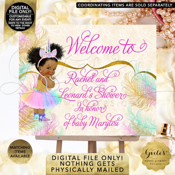 Welcome Unicorn Princess Baby Shower Sign | African American Rainbow Colors | Printable Digital File | JPG + PDF Format.