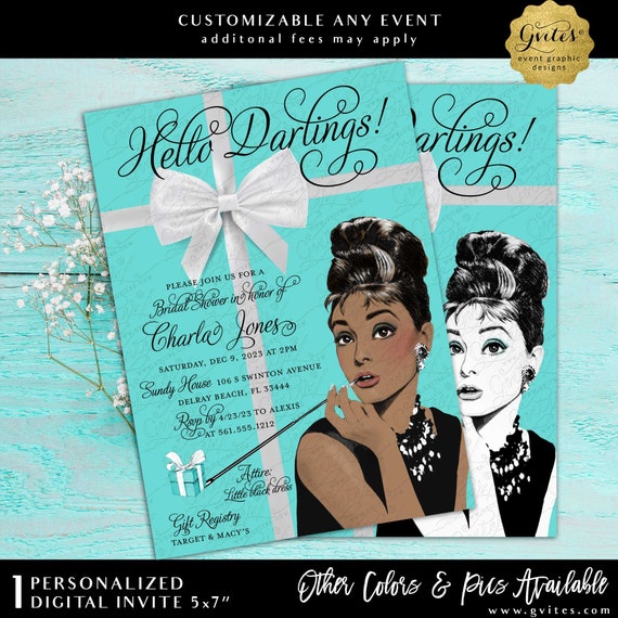 Blue White Bow Bridal Shower Printable Invitation Hello Darlings! African American Audrey Hepburn.