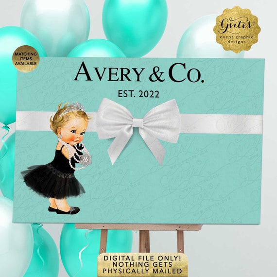 Elegant Baby & Co Shower Backdrop Banner Decoration. Digital Girl with Black Ruffle Dress Tutu Princess Theme