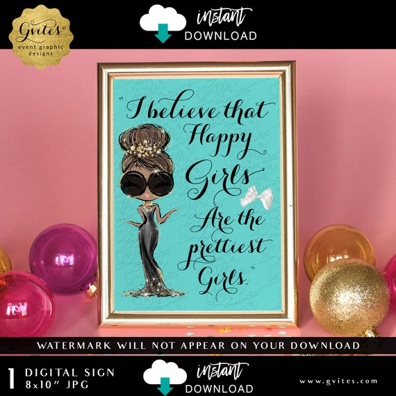 Printable African American Happy Girls Are The Prettiest Girls Quote Hepburn Wall Art Audrey Hepburn with Glasses 8x10" Instant Download