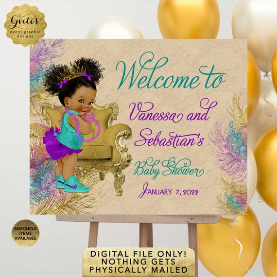 Welcome Baby Shower Poster Signs Teal Purple and Gold/ Afro Puffs Princess Gold Tiara/ Peacock Beige/ Printable. Digital File Only!