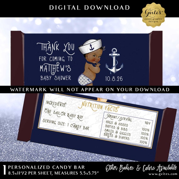 Custom Nautical Baby Shower African American Boy | Chocolate Candy Bar Wrapper | Navy Blue & White Printable