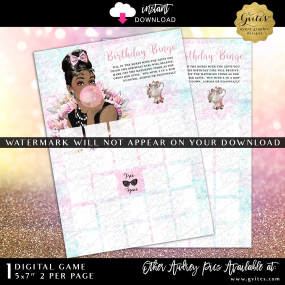 African American Audrey Hepburn Birthday Bingo Card Printable Instant Download 5x7" 2/Per Page