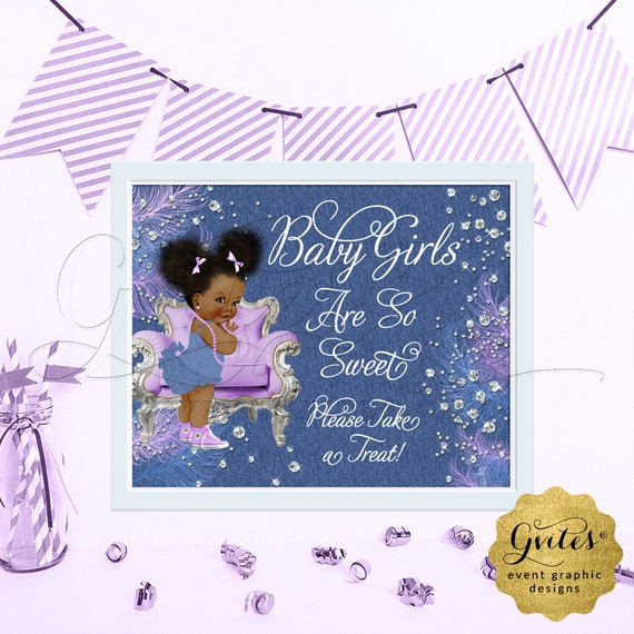 Lavender Denim & Diamonds Treat Sign Babies are Sweet Have a Treat Baby Shower | Natural Hair Afro Puffs with Ribbon {6x4" or 7x5"}