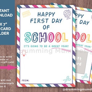 PRINTABLE First Day of School Card for Teacher for Students Back to School Gift Card Holder Happy 1st Day Good Luck Have a Great Year Note