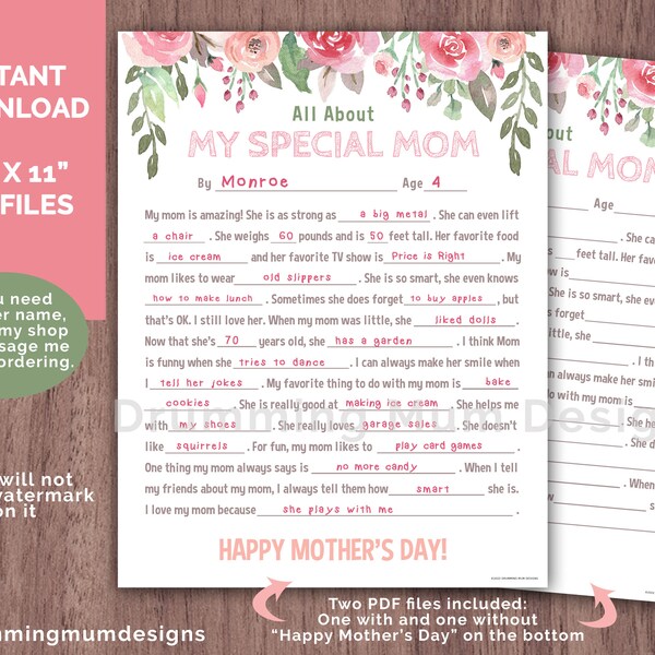 PRINTABLE All About My Mom Fill in the Blank Gift for Mother's Day Mama Funny Birthday Kid Questionnaire Child Preschool Activity