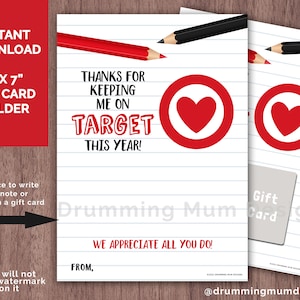 Teacher Appreciation Card Keeping Me On Target Gift Card Holder PRINTABLE Last Day of School Note End of Year Coach Teacher Aide Preschool