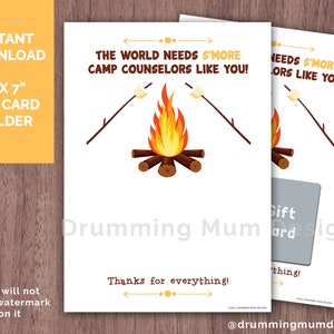 Tarjeta de agradecimiento para consejero de campamento de verano IMPRIMIBLE Soporte para tarjeta de regalo Nota S'mores S'more Director fogata Idea de regalo para el último día de campamento Camping iluminado