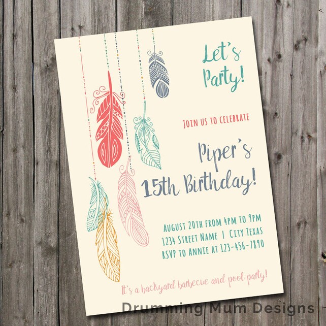 feather birthday party invitation teen girl tween birthday tween birthday party invitations