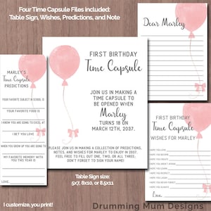 Zeitkapsel ersten Geburtstag Mädchen rosa roten Ballon 1. druckbare Time Capsule Voraussagen Tischschild Karte Andenken Baby modern wünscht Zwillinge