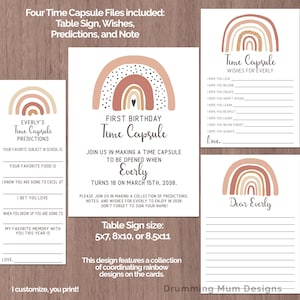 Boho Rainbow Time Capsule Primer cumpleaños 1st Printable Time Capsule Predictions Table Sign Card Keepsake Baby Modern Wishes Boho note