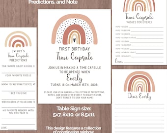 Boho Rainbow Time Capsule First Birthday 1st Printable Time Capsule Predictions Table Sign Card Keepsake Baby Modern Wishes Bohemian note