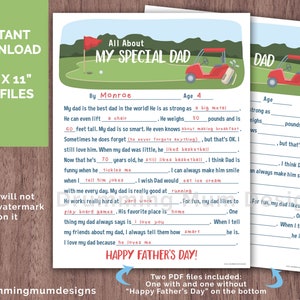 All About My Dad Golf PRINTABLE Fill in the Blank Gift for Father's Day Birthday Funny Kid Questionnaire Daddy Child Preschool Interview Pop