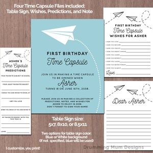 Papier Flugzeug Zeit Kapsel Erster Geburtstag Junge 1.Druckbare Zeit Kapsel Voraussagen Tischschild Karte Andenken Baby Modern Wünsche Notiz Zwillinge