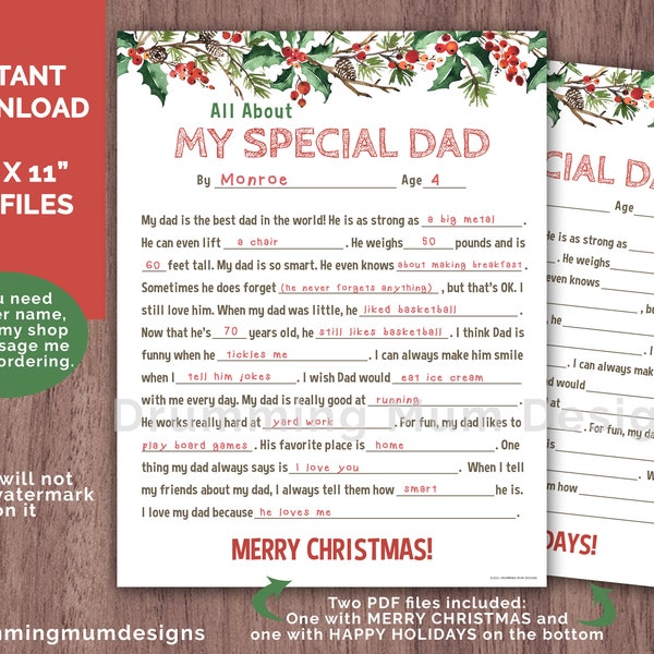 PRINTABLE All About My Dad Fill in the Blank Gift for Christmas Funny Kid Questionnaire Child Preschool Activity Father Holiday