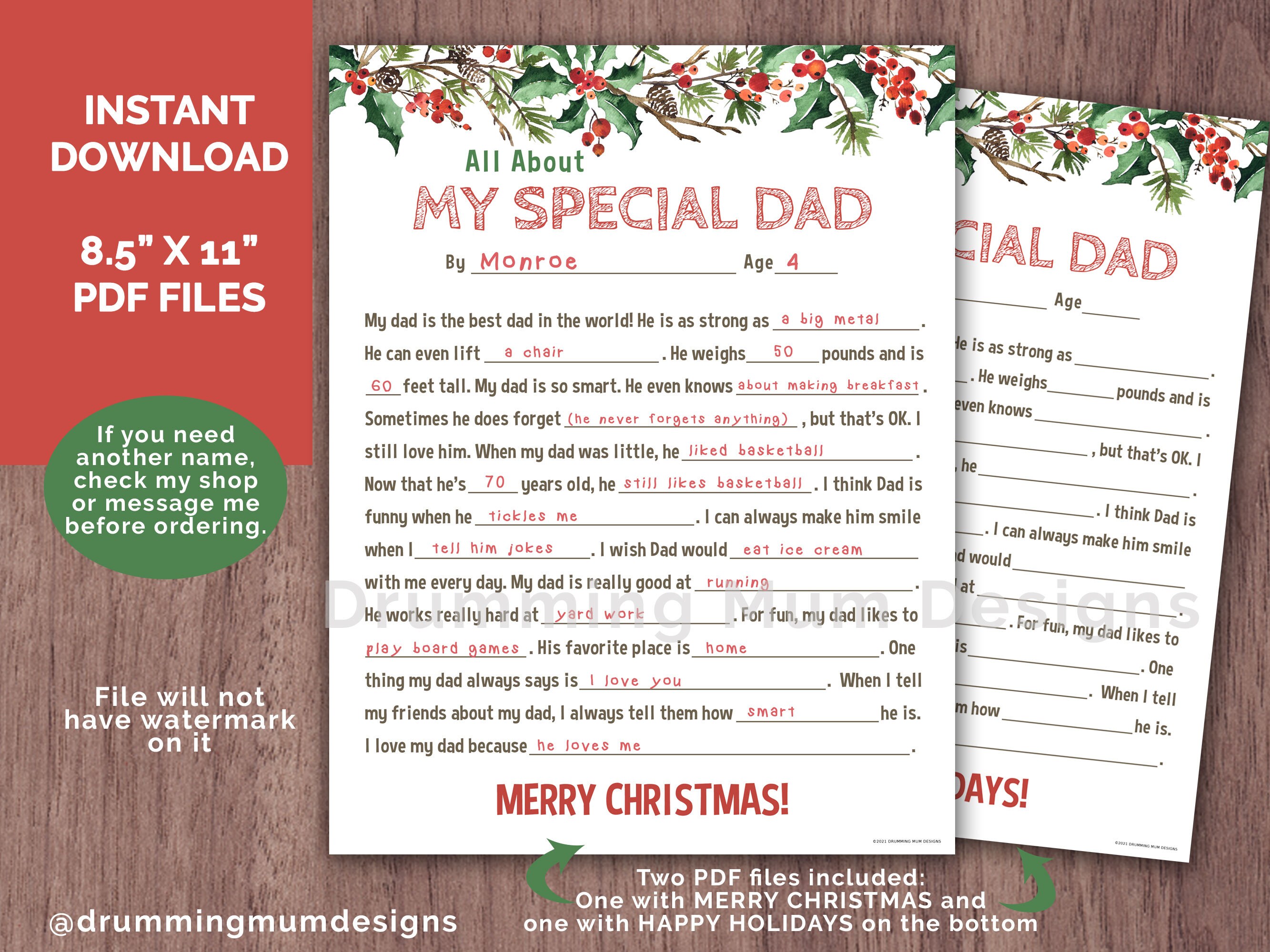 PRINTABLE All About My Dad Fill in the Blank Gift for Christmas Funny ...
