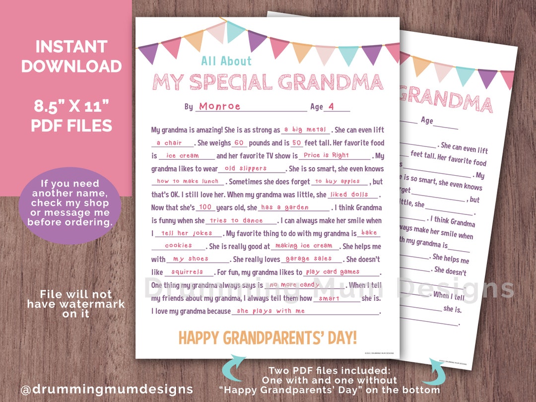 PRINTABLE All About My Grandma Fill in the Blank Gift for Grandparents ...