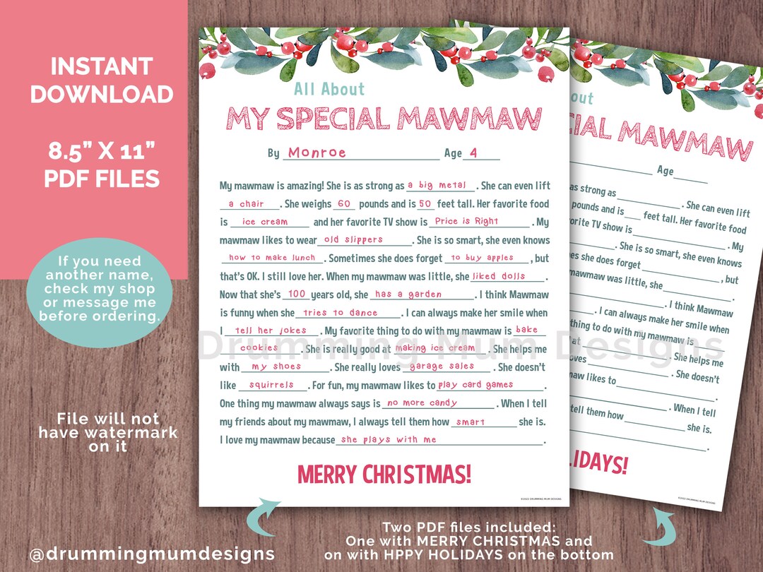 PRINTABLE All About My Mawmaw Fill in the Blank Gift for Christmas ...