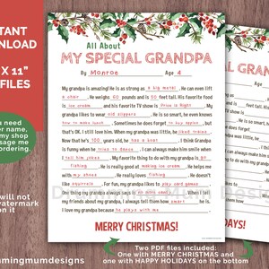 Könnte beinhalten: Ausdruckbares Ausfüllformular mit dem Titel "Alles über meinen besonderen Opa" mit Weihnachtsmotto. Das Dokument enthält Aufforderungen für das Kind, seinen Opa zu beschreiben, mit einem festlichen Stechpalmen- und Beerenrand.