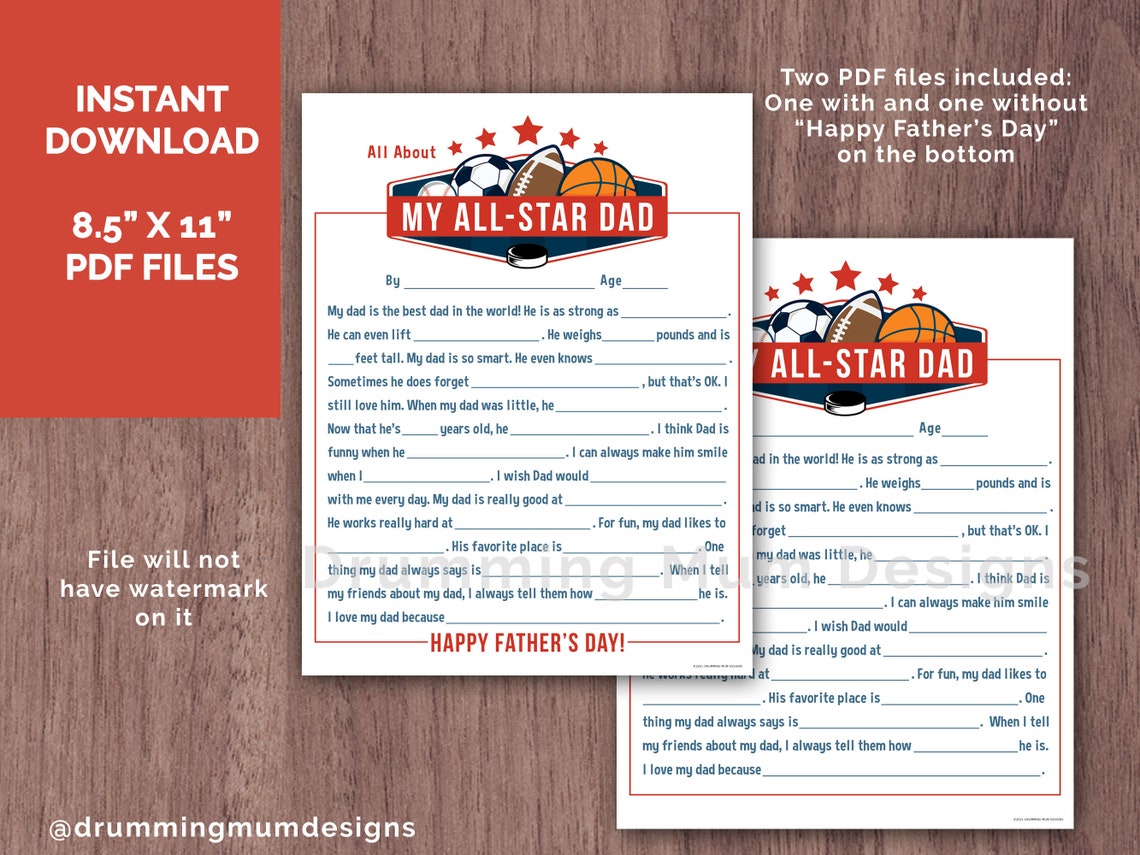 All About My Dad Sports PRINTABLE Fill in the Blank Gift for Etsy