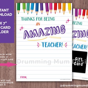 Carte de remerciement pour enseignant IMPRIMABLE Titulaire de la carte-cadeau Amazon de fin d'année Note de remerciement pour le personnel Dernier jour d'école Aide enseignante préscolaire