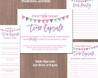 Time Capsule First Birthday GIRL 1st Printable Time Capsule Predictions Table Sign Invitation Insert Card Pink Purple Keepsake Baby Modern