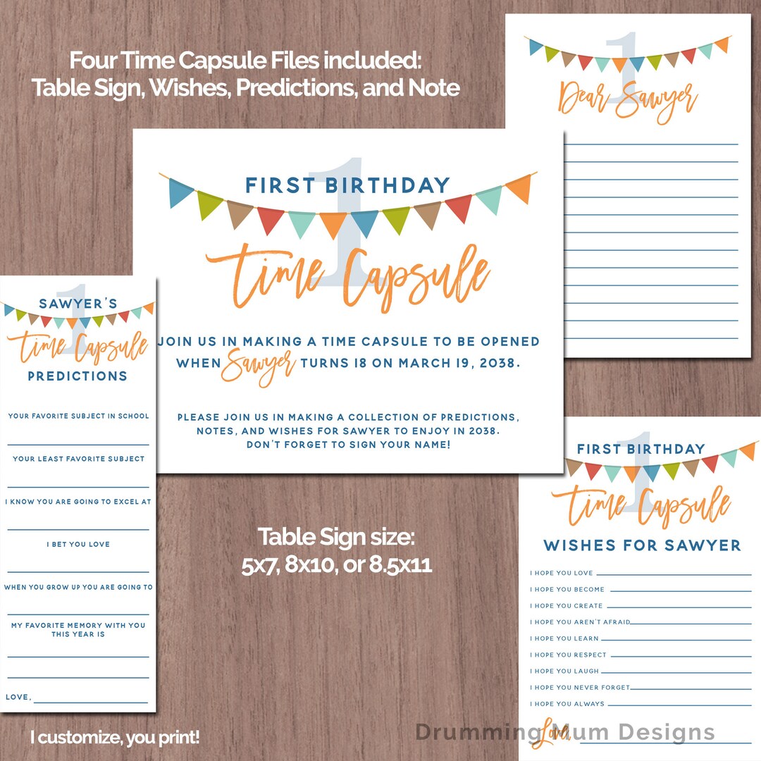 Time Capsule First Birthday BOY 1st Printable Time Capsule Predictions Table Sign Invitation ...