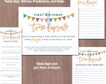 Time Capsule First Birthday BOY 1st Printable Time Capsule Predictions Tischschild Einladung Einladung Karte Blau Flagge Andenken Baby Modern