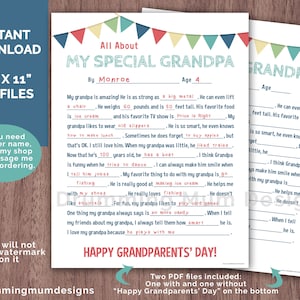 Alles über meinen Opa Füllen Sie das leere Geschenk zum Großelterntag Lustiger Geburtstagskind Fragebogen Kind Vorschule Aktivität Papa aus